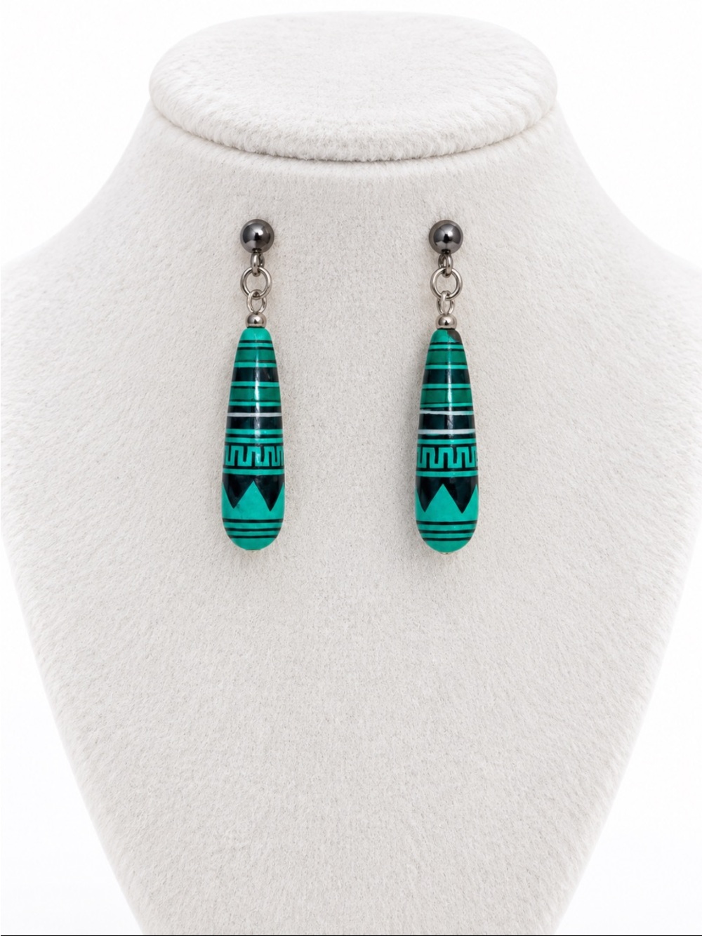 Turquoise & Black Geometric Dangle Earrings Silver Tone Southwestern Style